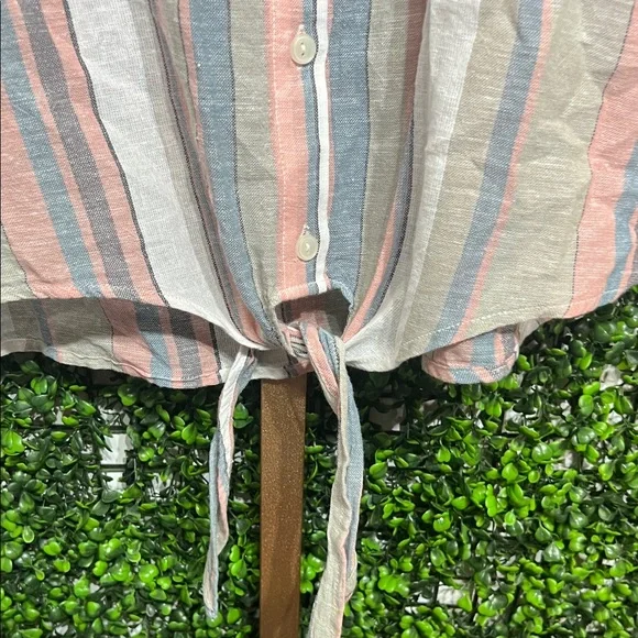 Sanctuary Borrego Tie Button Down Sierra Stripe Shirt size Medium Cotton Linen - Picture 4 of 7